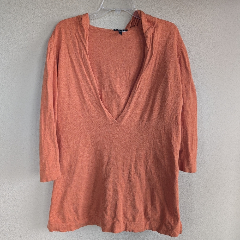 Eileen Fisher Size Medium Orange V-Neck Top With Hood